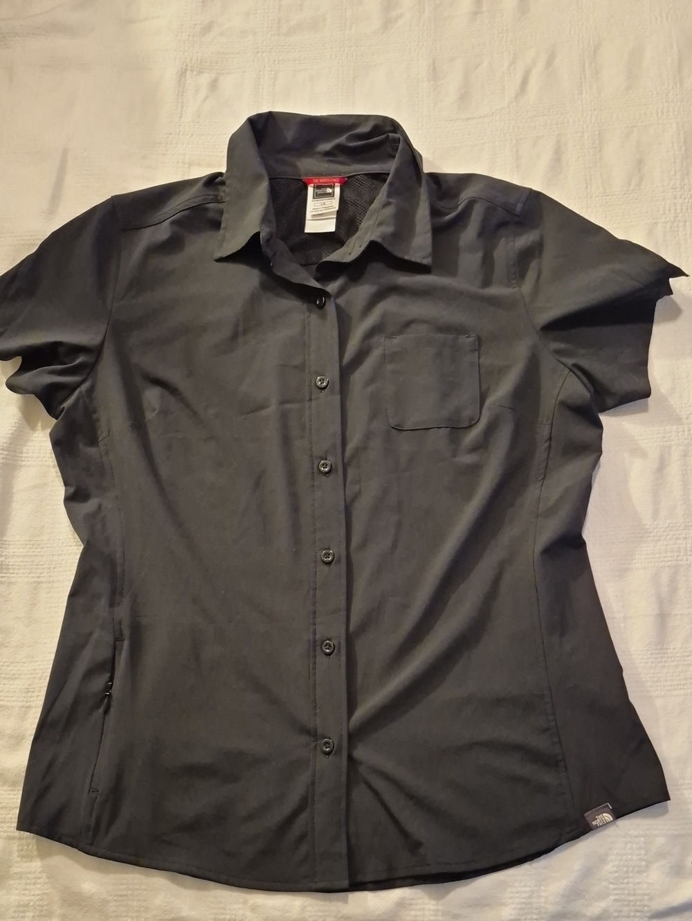 North face women's Large jet black button up blouse with stretch EUC